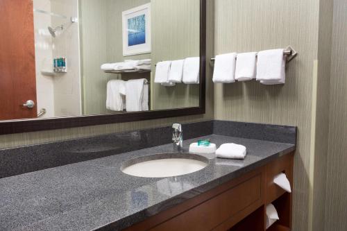 伯灵顿德鲁伯灵顿套房酒店的浴室配有盥洗盆、镜子和毛巾