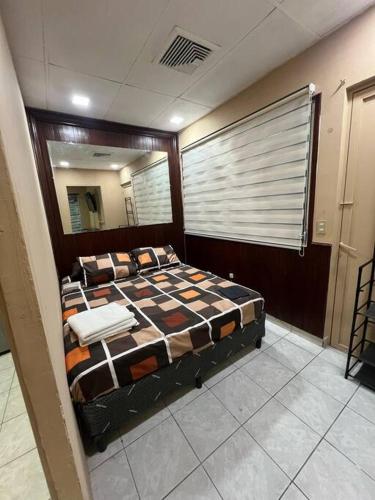 圣萨尔瓦多Apto. mejor zona de San Salvador的一间卧室配有一张带镜子的大床