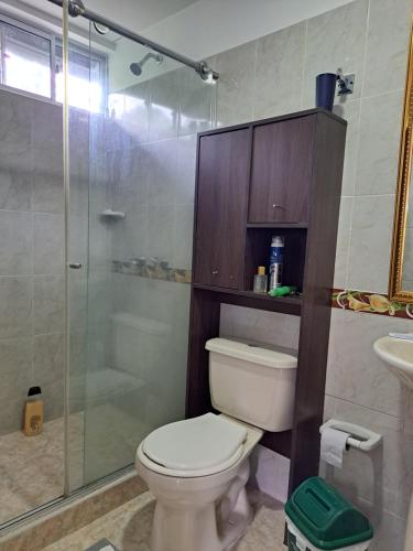 马尼萨莱斯Finca La Primavera的一间带卫生间和玻璃淋浴间的浴室