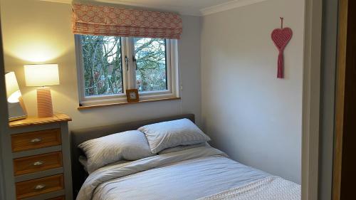 斯托桥Cedar Cabin Holiday Let - Kinver的一间小卧室,配有床和窗户