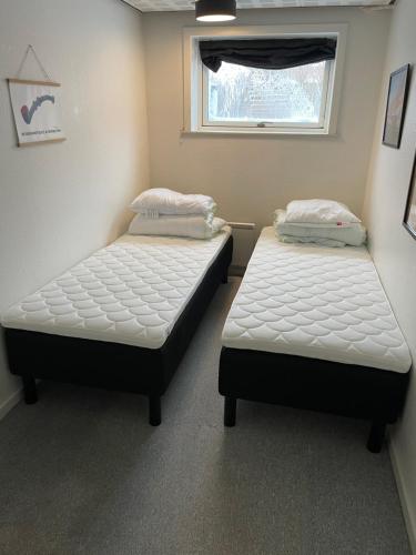 奥尔堡Happy Fisherman BnB的带窗户的客房内设有两张单人床。