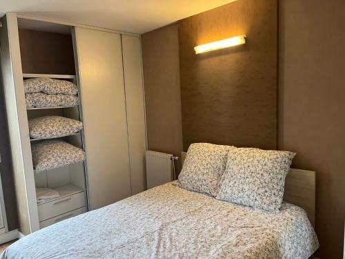 巴黎Appart crime的一间带一张床和一个衣柜的小卧室