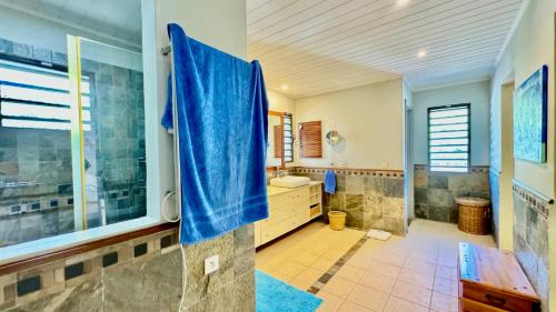 塔马兰Villa Petit Tamarin : piscine bar et grand jardin tropical的带淋浴和盥洗盆的大浴室