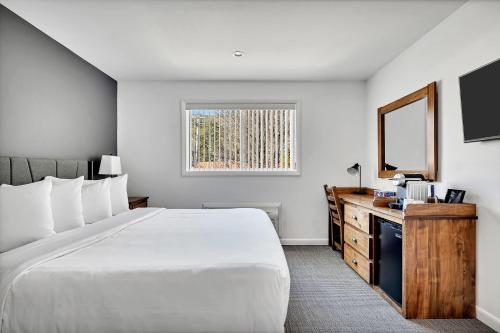 乔治湖The Inn of Lake George的酒店客房设有一张大床和一台电视。