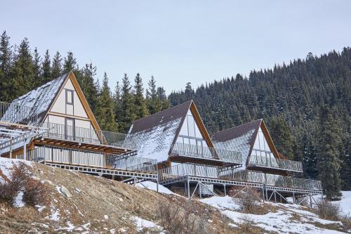 卡拉科尔Karakol Resort的雪中山顶的房屋