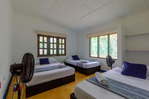圣玛尔塔CASA DE CAMPO CASTILLETE dentro del PARQUE TAYRONA的客房设有三张床、一张沙发和窗户。