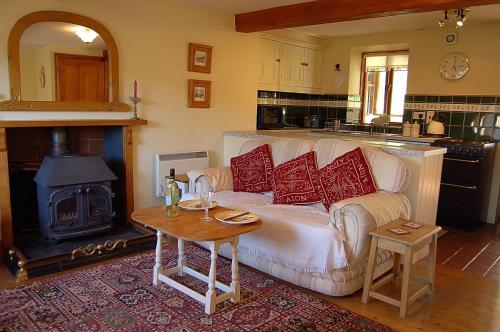 多尔盖罗Tre-Allt Gorgeous Cottage的客厅配有白色沙发和炉灶。