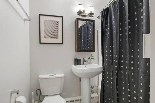 芝加哥1BR Chic and Cozy Apartment in Chicago - Hyde Park 408的浴室配有水槽、卫生间和浴帘