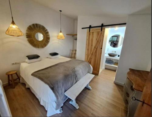 Cañada del TrigoCasa de las Flores的一间卧室配有一张床、镜子和门