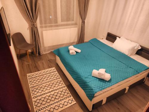彼得罗沙尼Mountain View Apartament的小卧室配有一张带蓝色毯子的床