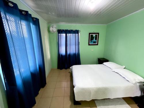 GuayabalMiravalles Volcano House的卧室配有白色的床和蓝色窗帘