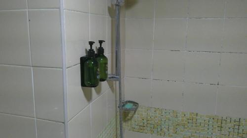 迪拜Ruby Star Male Hostel Dubai的浴室设有淋浴,墙上装有绿色瓶子