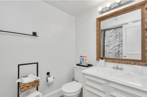 休斯顿2BR Central Montrose Townhome的一间带卫生间和镜子的浴室