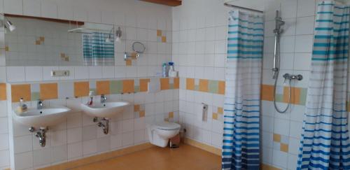 Bugewitz130qm-grosse-Ferienwohnung-am-Naturschutzgebiet-15-Min-bis-zum-Stettiner-Haff-PKW的一间带两个盥洗盆和卫生间的浴室