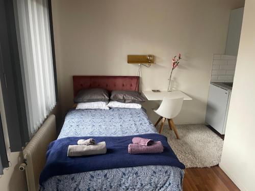 兰斯克鲁纳Studio 3的一间卧室配有一张床,上面有两条毛巾