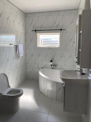恩多拉Swiss Luxury Apartments的带浴缸、卫生间和盥洗盆的浴室