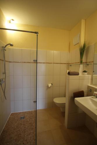 ZwentendorfRosenhotel - Serviced Apartments的带淋浴、卫生间和盥洗盆的浴室