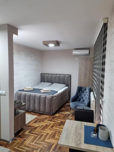 巴尼亚科维利亚查Apartman Ristanovic的一间卧室配有一张床、一张沙发和一张桌子
