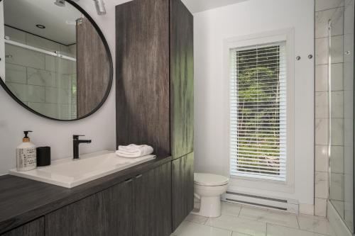Saint-Rémi-dʼAmherstStarry Tremblant l Design Vue Spa Lac Plage的一间带水槽、卫生间和镜子的浴室