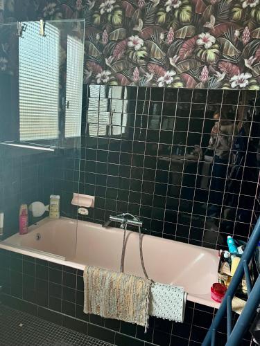 奥登河畔的布雷特维尔Chez Toinette的浴室铺有绿色瓷砖,配有浴缸。