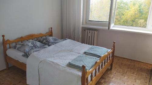 华沙Uroczy apartament z bezpłatnych parkingiem的一间卧室配有一张带毯子的床和窗户