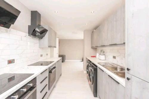 伯恩利Stylish & modern studio in Burnley的白色的厨房配有水槽和洗碗机