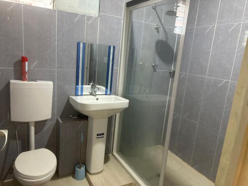 霍尼亚拉Marine Apartments的带淋浴、卫生间和盥洗盆的浴室