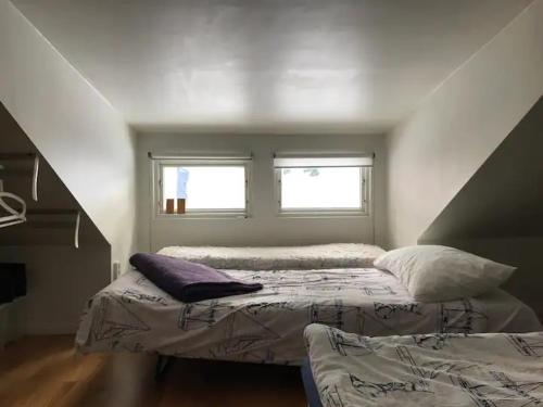 乌普萨拉Lilla Gäststugan的一间卧室设有两张床和窗户。