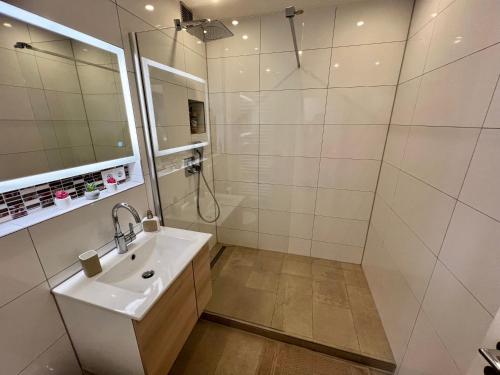 奥格斯堡Lilis Apartment mit Balkon的白色的浴室设有水槽和淋浴。