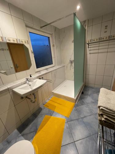 DallgowFerienhaus- Dallgow的一间带水槽和淋浴及窗户的浴室