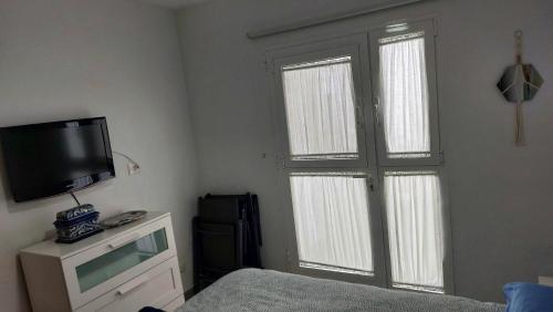 阿列塔2 bedrooms appartement at Arrieta 300 m away from the beach with furnished terrace and wifi的一间卧室设有一张床、一台电视和两个窗户。