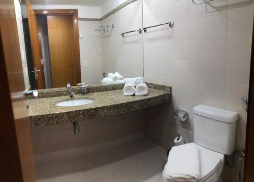 巴西利亚Flat 315 - Comfort Hotel Taguatinga的一间带水槽、卫生间和镜子的浴室