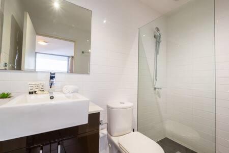 悉尼Sleek Inner-City Getaway in Prime Location的一间带卫生间、水槽和镜子的浴室