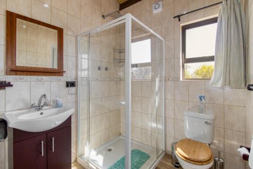 比勒陀利亚Abendruhe Lodge的带淋浴、卫生间和盥洗盆的浴室