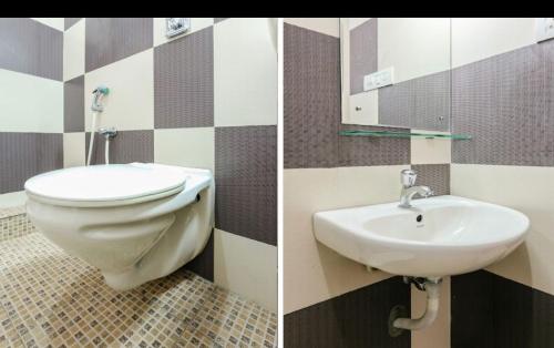 特里凡得琅ROYAL INN的浴室的两张照片,配有卫生间和水槽
