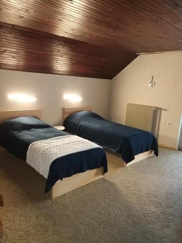Gorenja VasHoliday Home NA VASI的一间卧室设有两张床和木制天花板