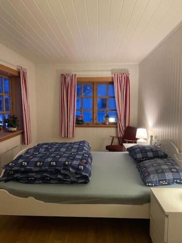 弗洛Fritidsbolig i Flå sentrum的一间卧室配有一张大床和两个枕头