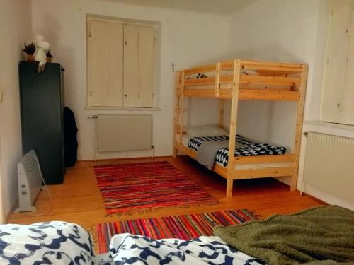 派尔巴赫Gemütliche Landhauswohnung的一间卧室配有双层床和地毯。