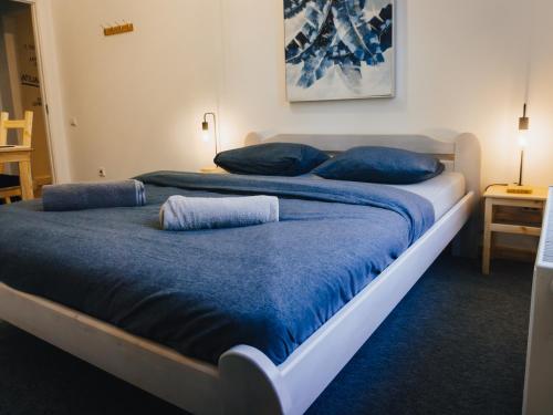 里加Lighthouse Hostel & Rooms的配有两张床铺的蓝色床单和枕头