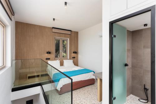 卢特拉Villa Sevos的一间卧室设有一张床和一个步入式淋浴间。