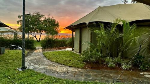 KinarDoga Resort - דוגה ריזורט的庭院里的帐篷,背景是日落