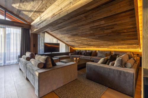 什切尔克梅塔葡萄树SPA度假酒店的客厅配有两张沙发和一台电视机