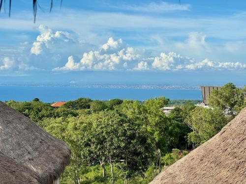 乌干沙Hillstone Luxury Village的从茅草屋顶上欣赏海景