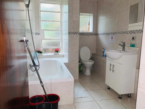 约翰内斯堡Naisiae - Lovely 1-bedroom vacation home with pool的带浴缸、卫生间和盥洗盆的浴室
