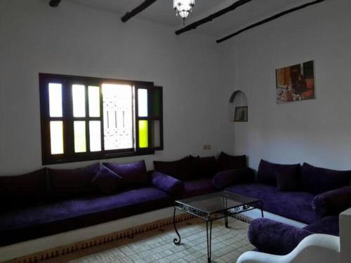 塔鲁丹特Chez Zohra的客厅配有紫色沙发和桌子