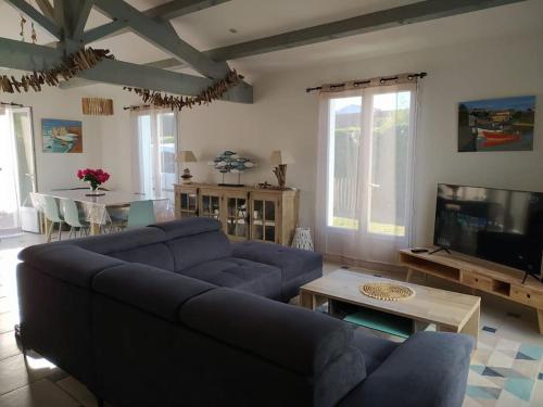奥雷龙圣皮耶尔Maison de vacances : Bord de mer的客厅配有蓝色的沙发和电视