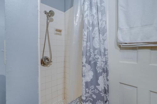 卡拉马祖Kalamazoo Vacation Rental Near Golf and Parks!的一间带蓝色淋浴帘的淋浴的浴室
