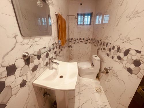 伊斯兰堡Britannia House near Islamabad International Airport and Motorway的白色的浴室设有水槽和卫生间。
