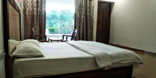克久拉霍Hotel Radha Rani Mahal的一间卧室设有一张大床和窗户
