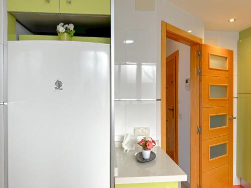 马拉加Apartamento Mirador del Mediterráneo的门边的厨房配有白色冰箱